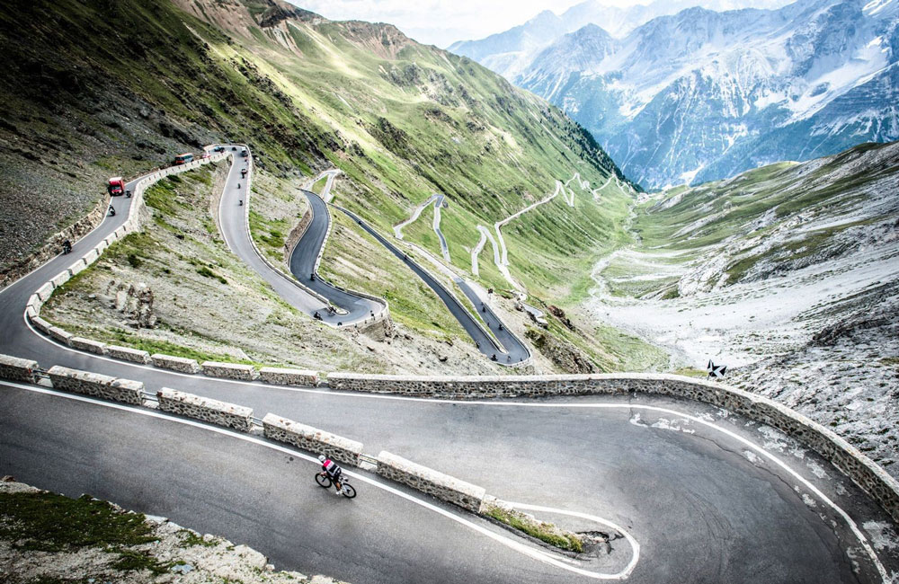 Looking down the switchbacks of Stelvio pass