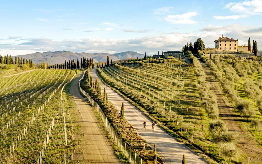 Strade bianche through green Tuscan countryside