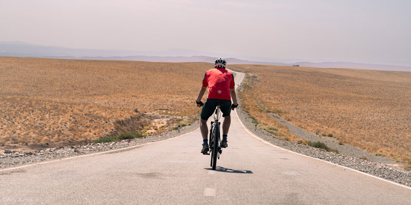 Cyclist on an empty road through a flat and arid landscape of Uzbekistan